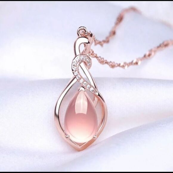 Rose Gold tone CZ Diamond Pink Opal Necklace - Picture 3 of 7